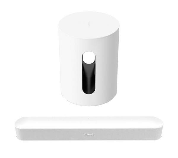 SONOS Beam (Gen 2) Compact Sound Bar & SUB Mini Wireless Subwoofer Bundle - White - Image 1