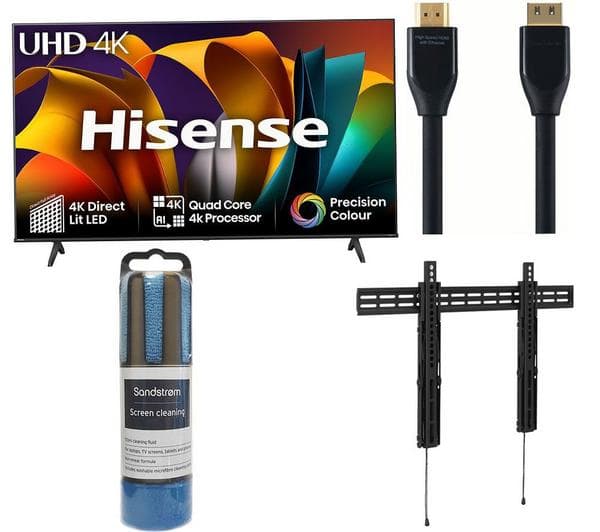HISENSE 55A6NTUK 55\" Smart 4K Ultra HD HDR LED TV, Tilt TV Bracket, Black Series HDMI Cable with Ethernet & Screen Cleaner Bundle - Image 1
