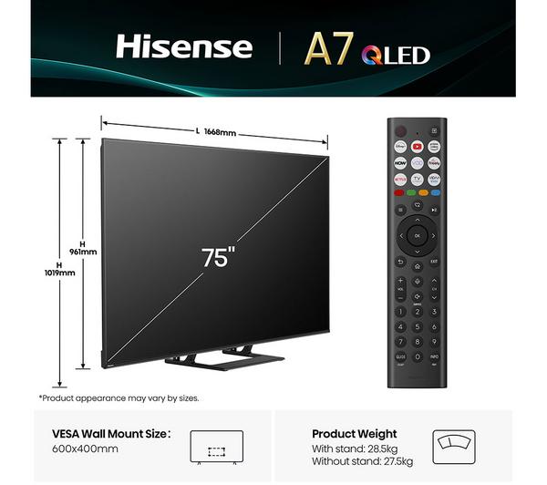 HISENSE A7Q 75\" QLED 4K Smart AI TV with Freely - 75A7QTUK