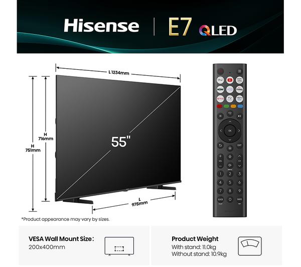 HISENSE E7Q 55\" QLED 4K Smart AI TV with Freely - 55E7QTUK
